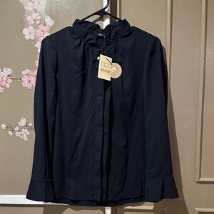Navy Ruffle-Neck Long Sleeve Blouse